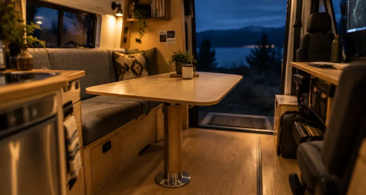 Table van aménagé ronde : fixe ou amovible, pied central bois clair